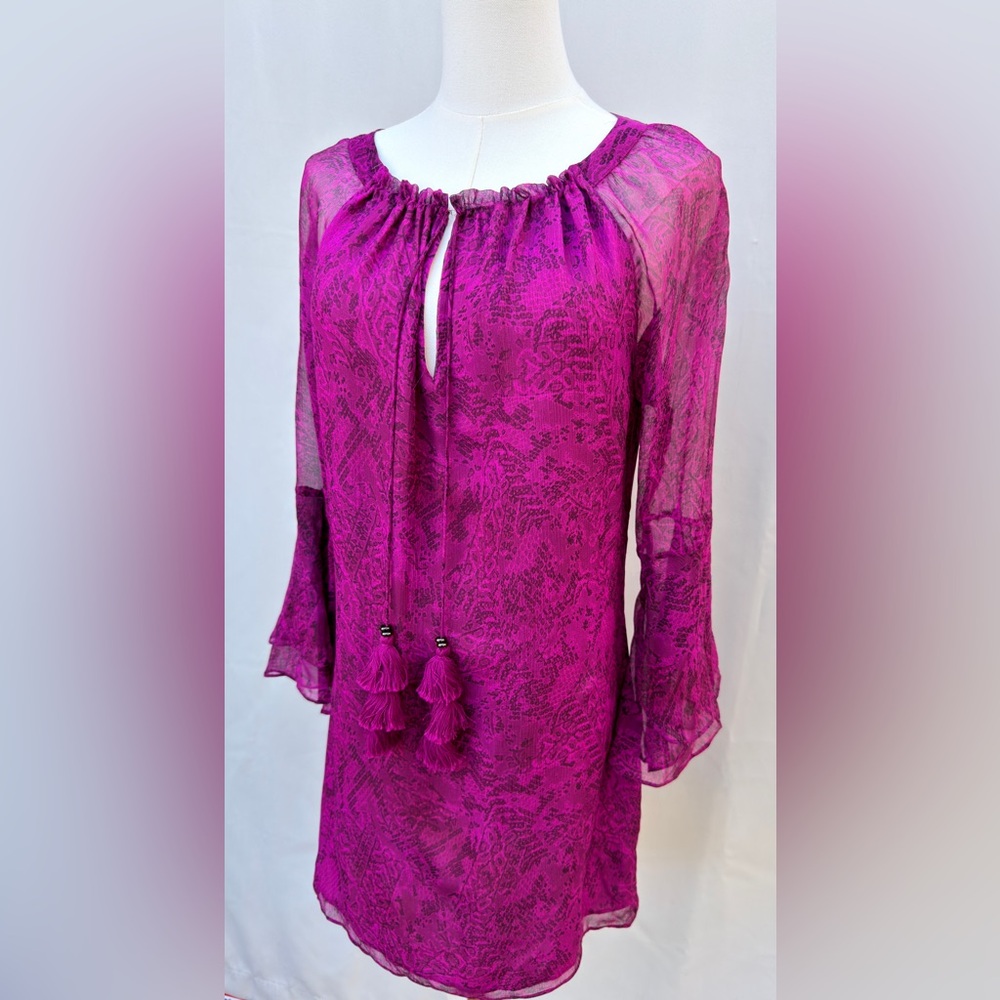 Ramy Brook Silk Fuchsia Boho Tunic Blouse XS Tassel Tie Sheer Luxury Mini Dress
